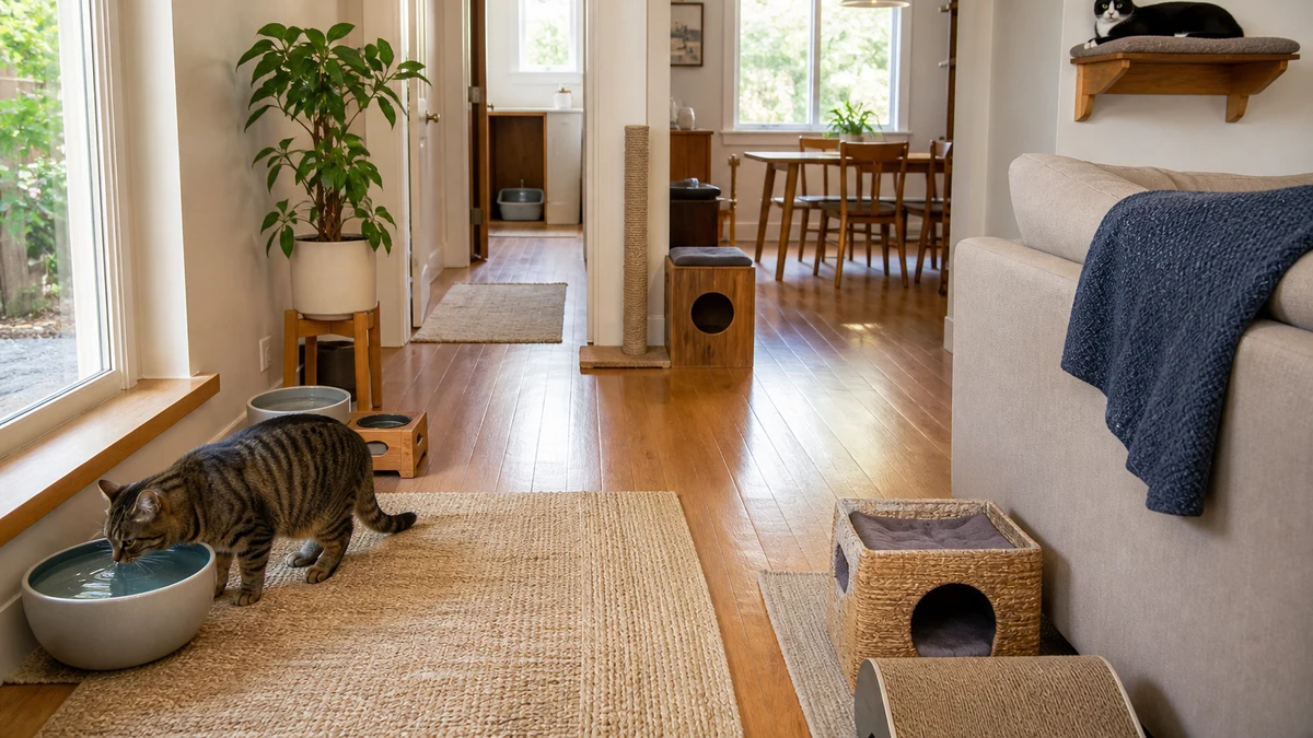 Brown tabby drinking near a window while a black-and-white cat rests on a separate high perch in a home with resources spread across several locations