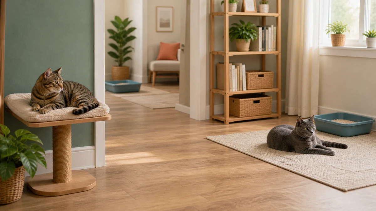 Two cats relaxing in separate home zones with clean litter boxes placed apart and open routes between rooms
