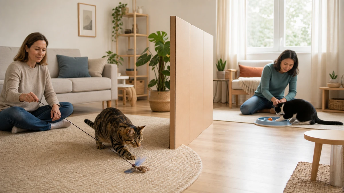Two cats using separate play zones and toys with a solid visual barrier and clear space between them