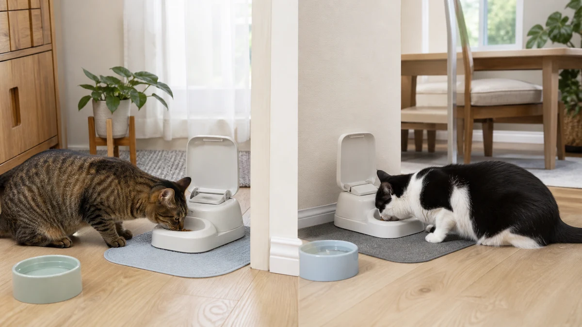 Brown tabby and black-and-white cat eating measured meals at separate visually screened feeding stations