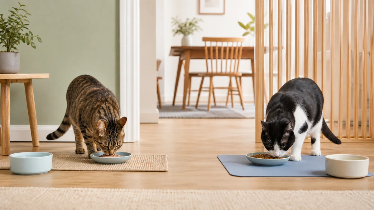 Brown tabby and black-and-white cat eating measured meals at widely separated feeding stations with separate water bowls