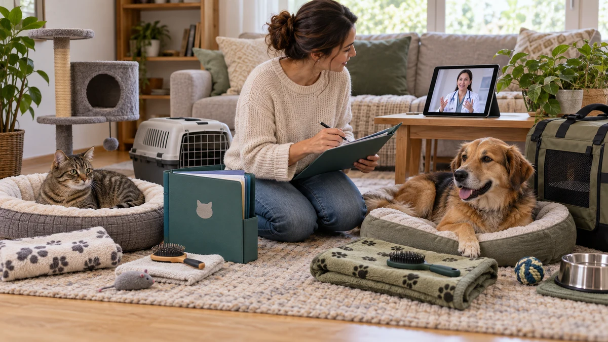A caregiver coordinates separate health records, bedding, and grooming supplies for an indoor cat and outdoor-going dog with a veterinarian