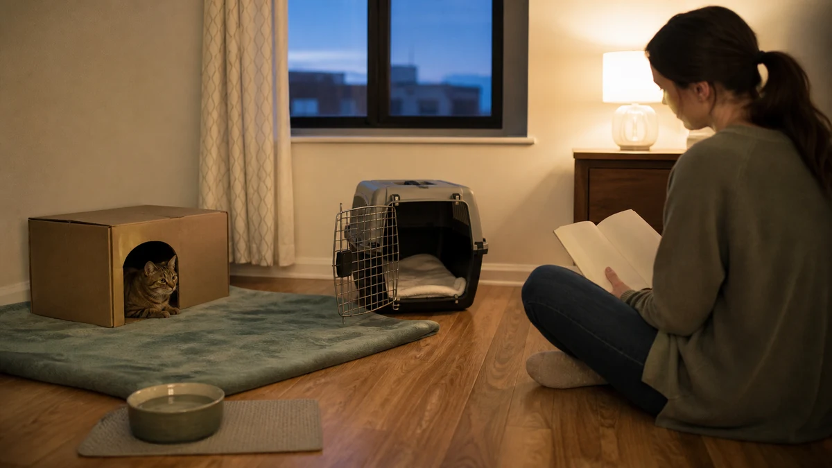 Brown tabby watching calmly from a cardboard hide on the first evening while a caregiver reads at a respectful distance beside the open carrier