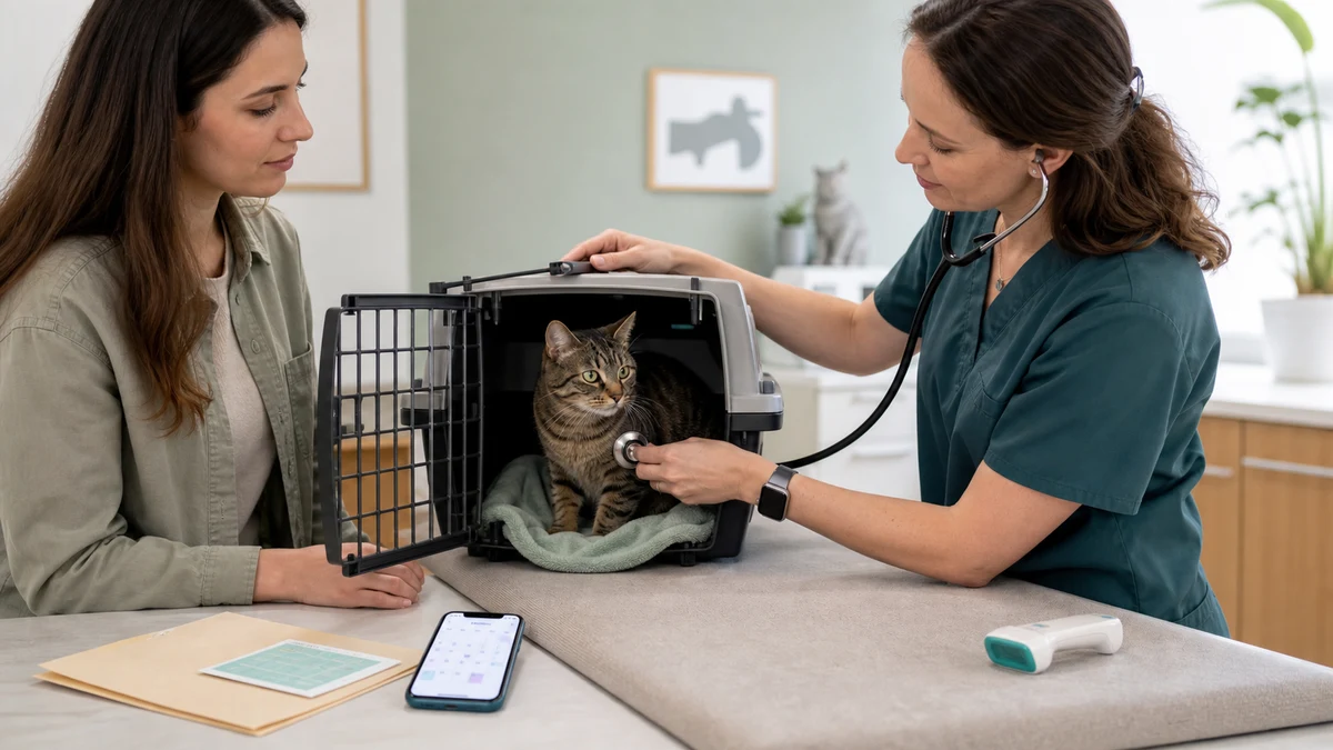Calm brown tabby remaining in an open familiar carrier during a gentle veterinary examination with records and microchip scanner nearby