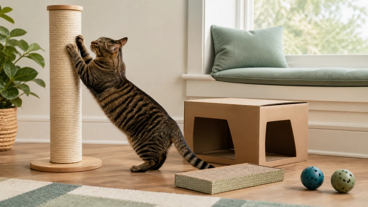Brown tabby using a stable scratching post beside a two-exit cardboard hide, horizontal scratcher, low perch, and solid balls