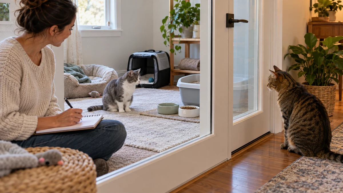 A new cat rests in a separate room with its own resources while the resident tabby observes through a closed glass door
