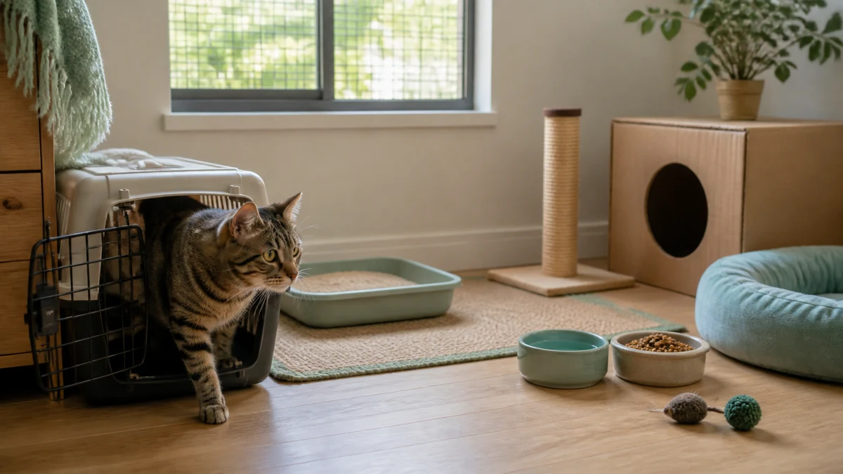 Brown tabby cat stepping from an open carrier into a quiet room prepared with separated food, water, litter, scratching, hiding, and resting areas