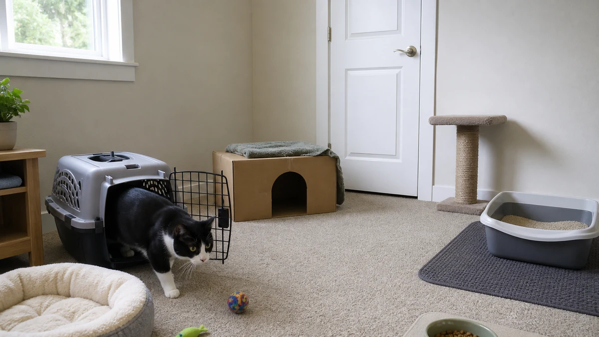 Black-and-white cat voluntarily leaving an open carrier in a quiet transition room with separated food, water, litter, hiding, scratching, and climbing resources