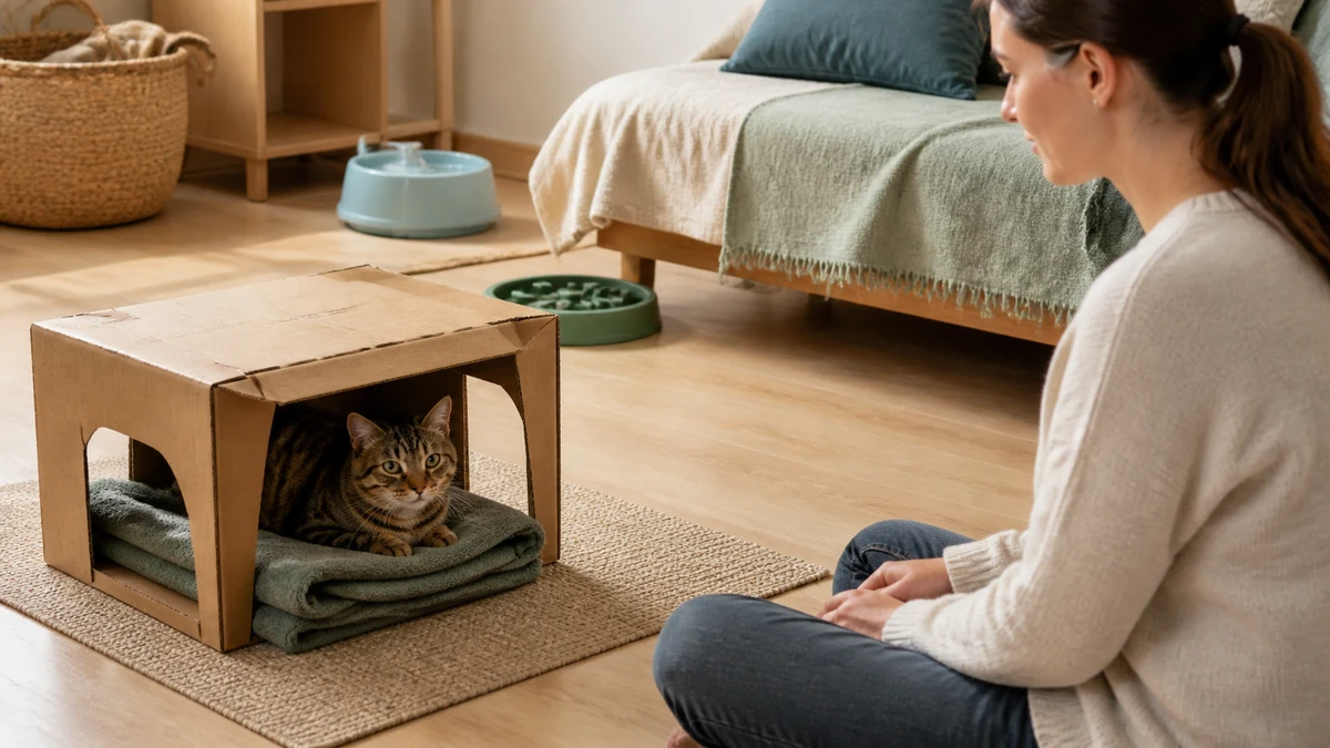 Brown tabby choosing a simple two-exit cardboard hide and familiar blanket while optional equipment remains unused and a caregiver observes quietly