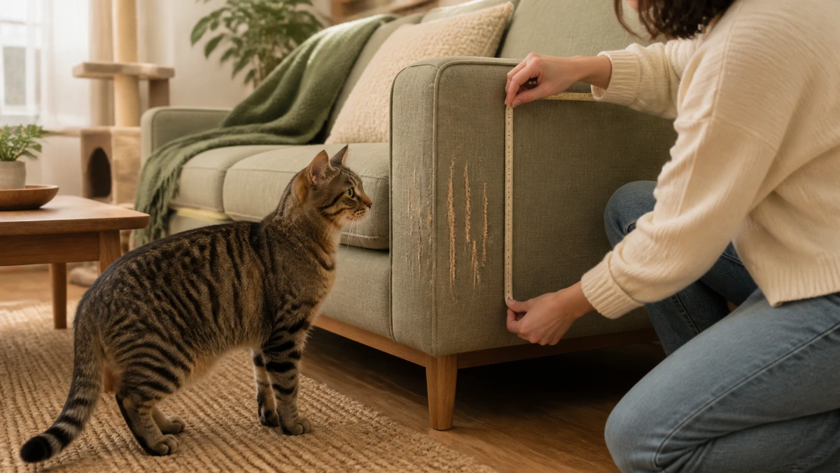 Caregiver measuring the height and studying the texture of scratch marks on a sofa while a tabby cat watches