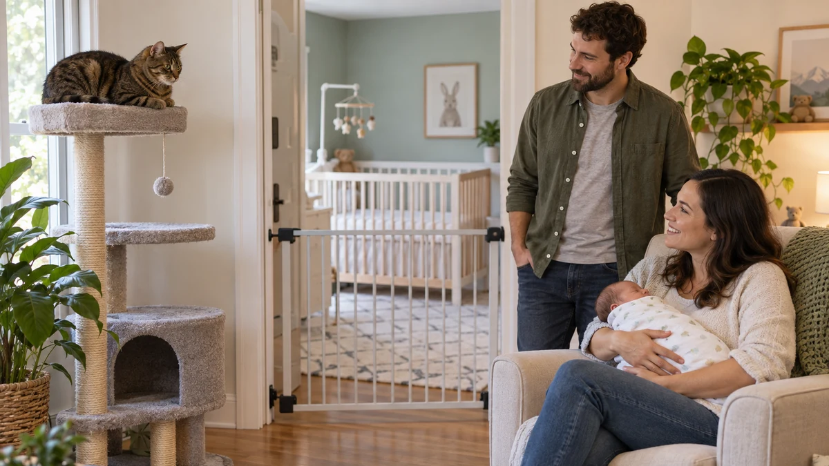 Brown tabby watching a family holding a swaddled newborn from a tall cat tree across an anchored gate while two awake adults supervise