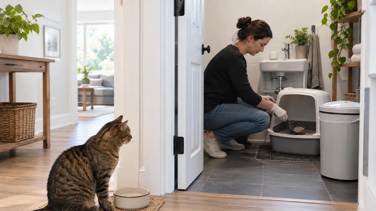 Non-pregnant adult wearing disposable gloves cleans a litter tray in a separate utility room with a handwashing sink while a brown tabby waits outside