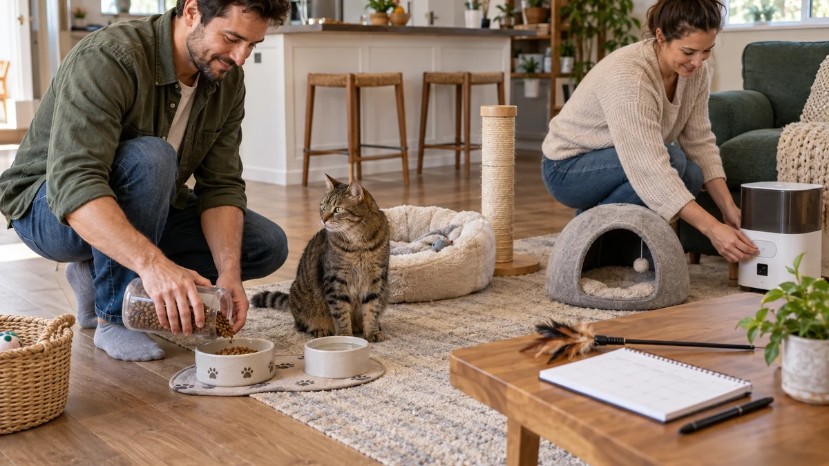 Two caregivers calmly rehearse feeding, play, and an automatic feeder routine with a brown tabby before a baby arrives