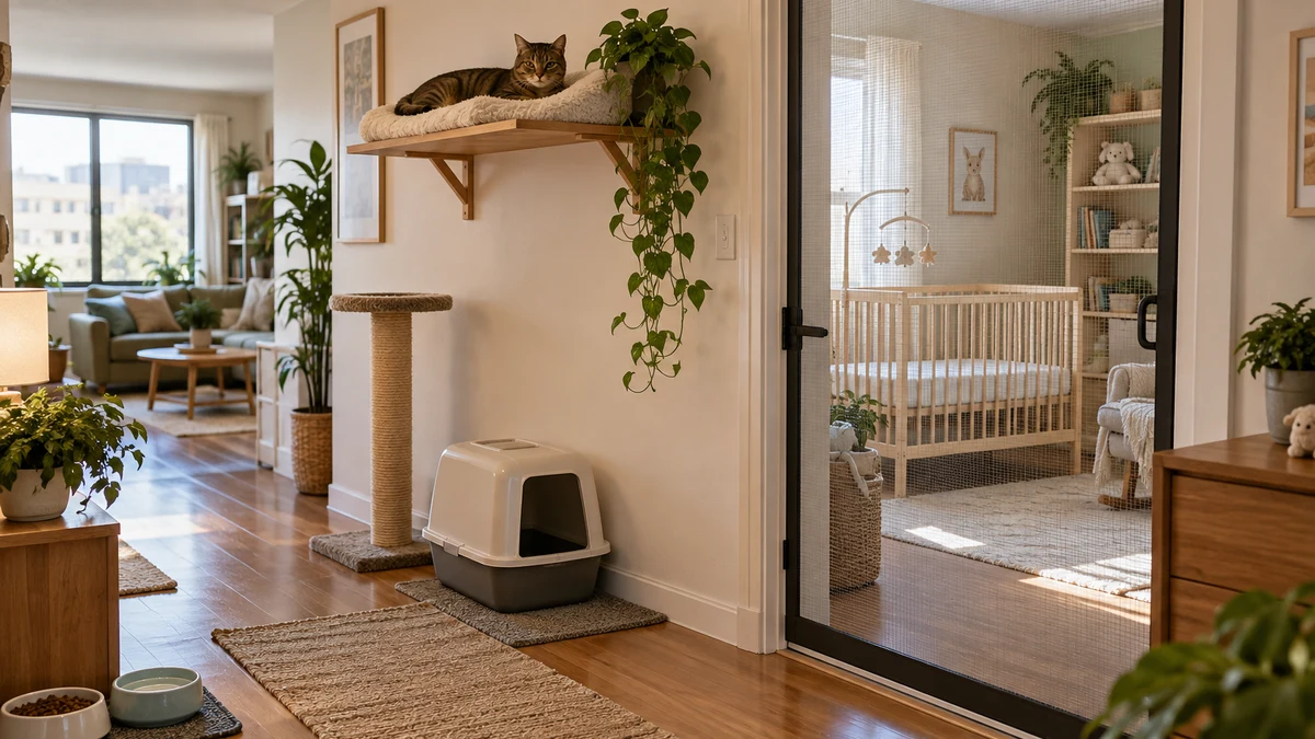 Brown tabby resting on a high shelf outside a nursery protected by a closed screen door, with separate cat resources and an empty crib