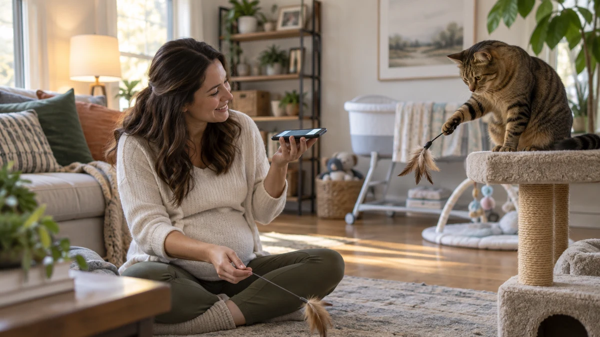 Expecting caregiver plays baby sounds quietly while a free brown tabby chooses to play on an open perch
