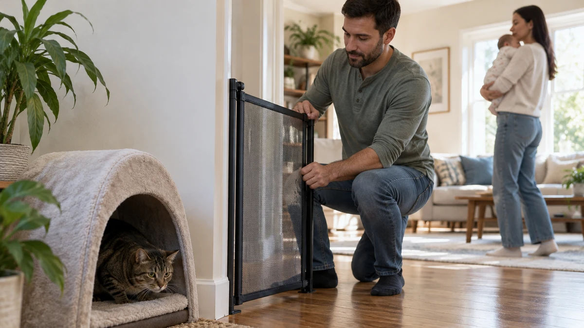 Adult calmly closes a mesh divider as a mildly stressed brown tabby retreats into a covered hide and another adult moves the baby away