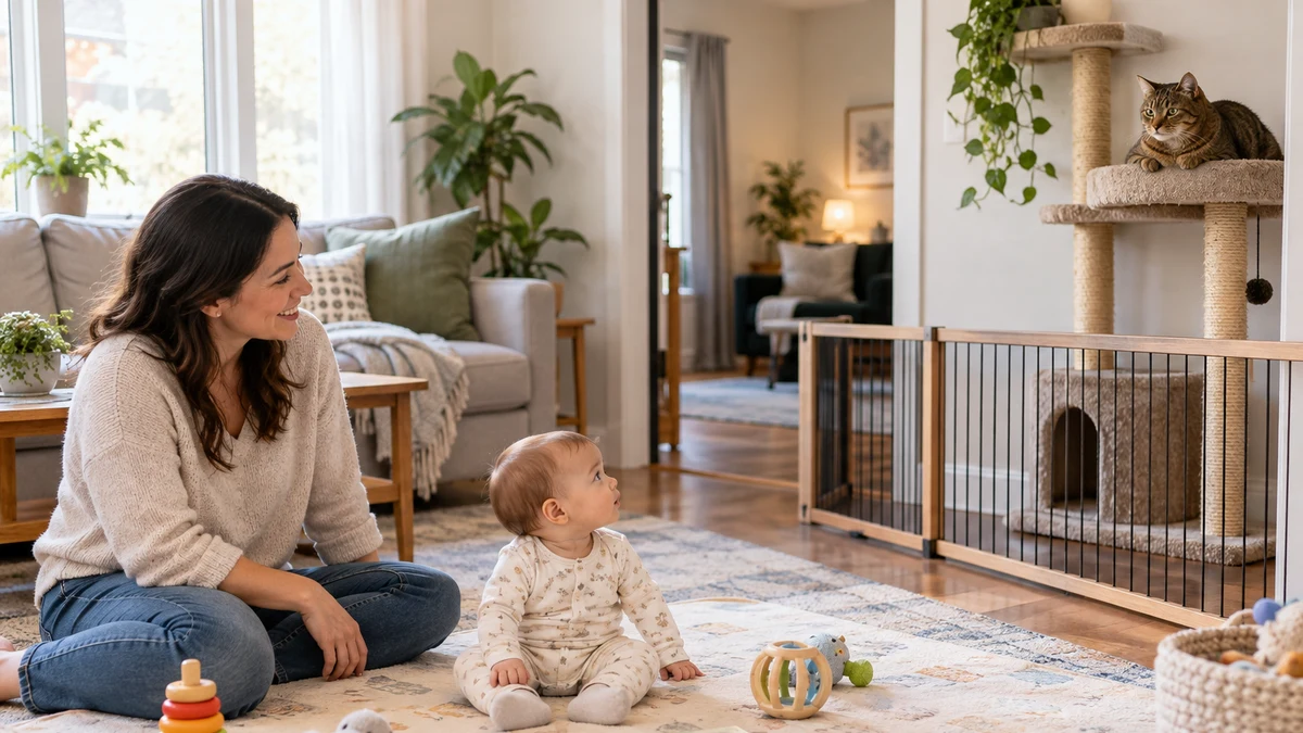 Awake caregiver directly supervises a baby on a play mat while a brown tabby rests behind an anchored barrier on a tall cat tree