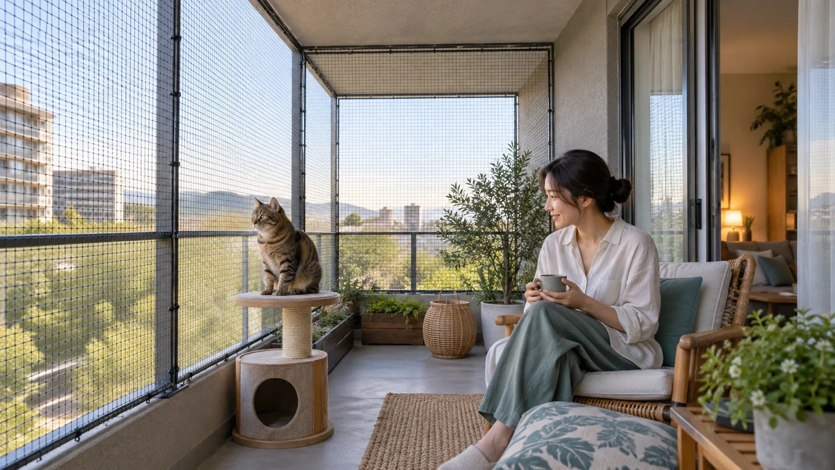 Brown tabby sits on a low perch inside a floor-to-ceiling enclosed balcony while the caregiver supervises and the indoor return route stays open