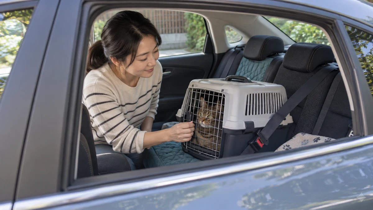 Brown tabby sits inside a fully latched hard-sided carrier restrained on a parked car’s rear seat while the caregiver checks the door