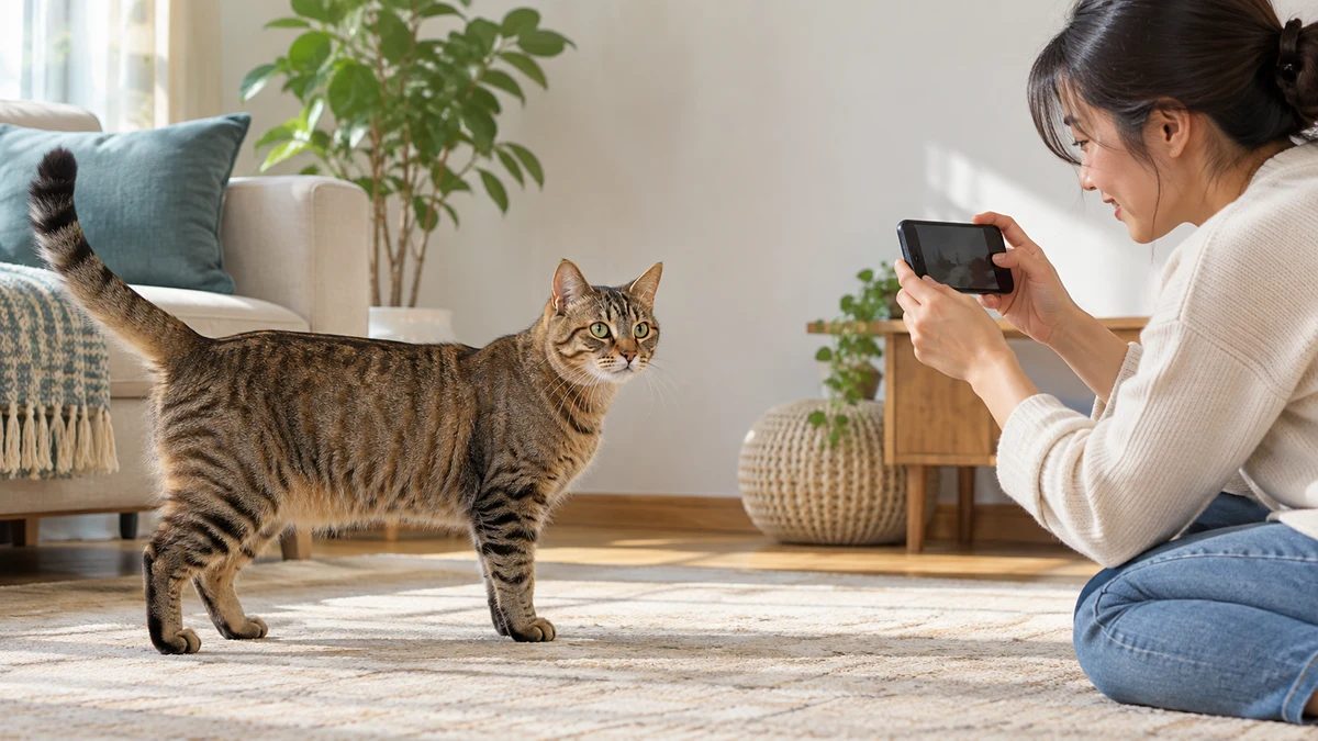 Caregiver photographs the brown tabby’s full side profile in clear daylight so coat pattern and tail markings are visible