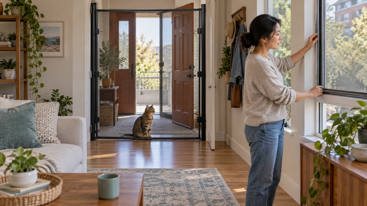 Caregiver checks a sturdy window screen while a brown tabby remains behind an anchored full-height mesh entry buffer