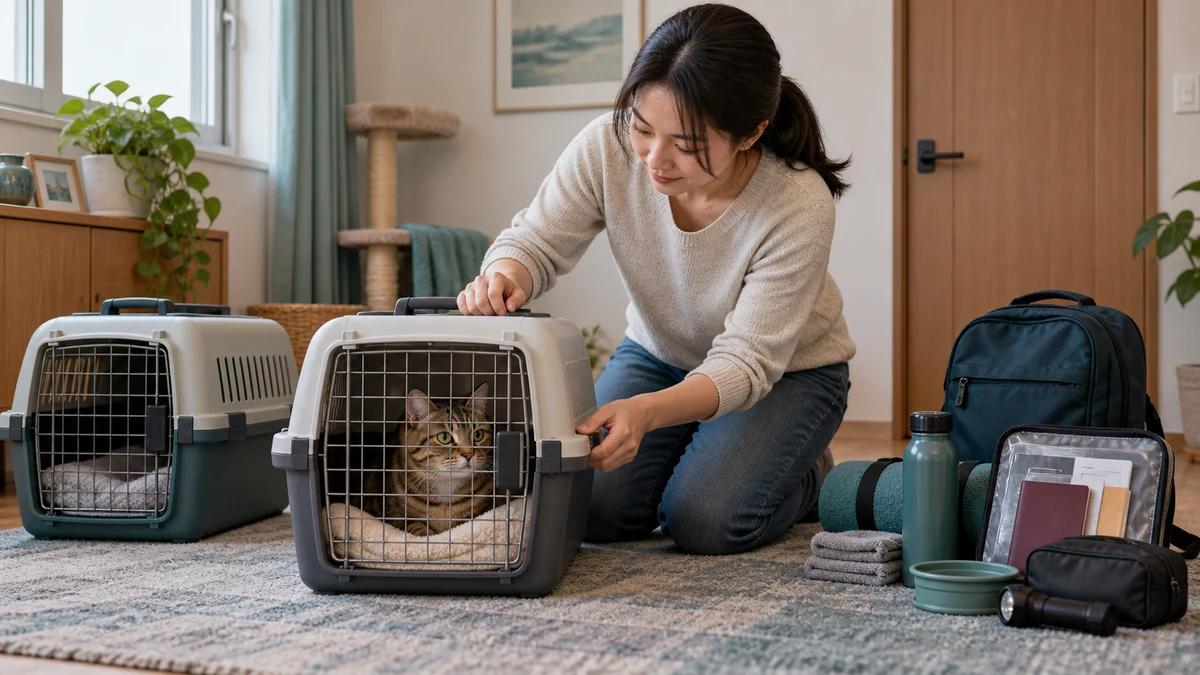 Caregiver checks every latch on the brown tabby’s carrier inside a closed room while evacuation records and supplies wait nearby