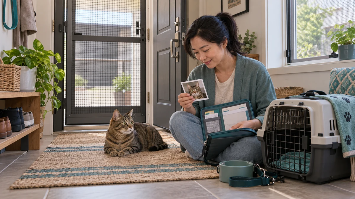 Brown tabby resting behind a closed mesh entry door while a caregiver organizes a current photo, records, and a sturdy carrier