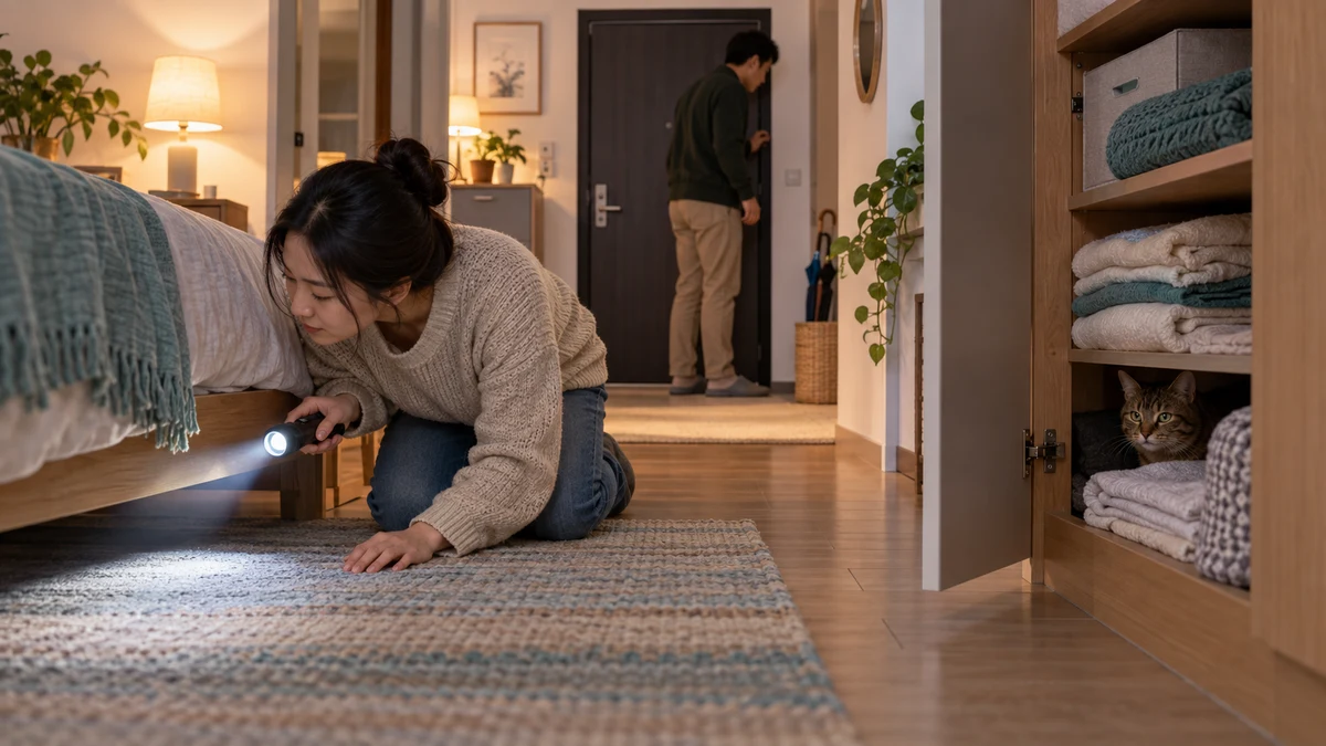 Caregiver calmly searches beneath a bed while the quiet brown tabby remains hidden among linens and another adult checks the closed entry