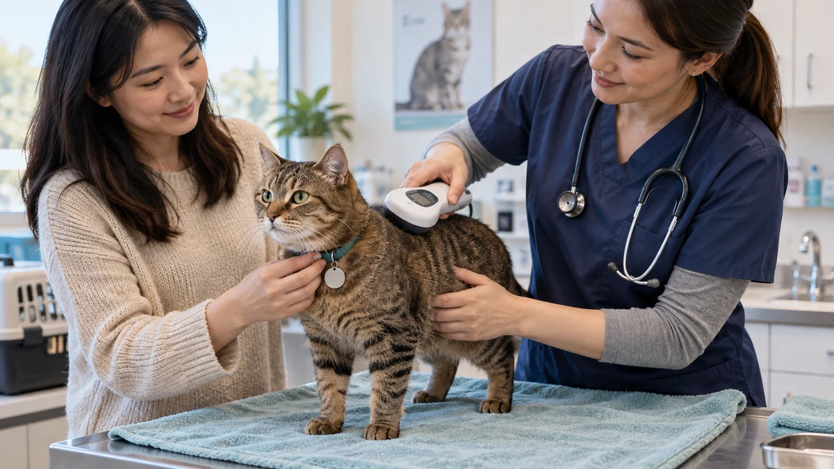 Veterinary professional scans a calm brown tabby for a microchip while the caregiver holds a quick-release collar with a plain ID tag