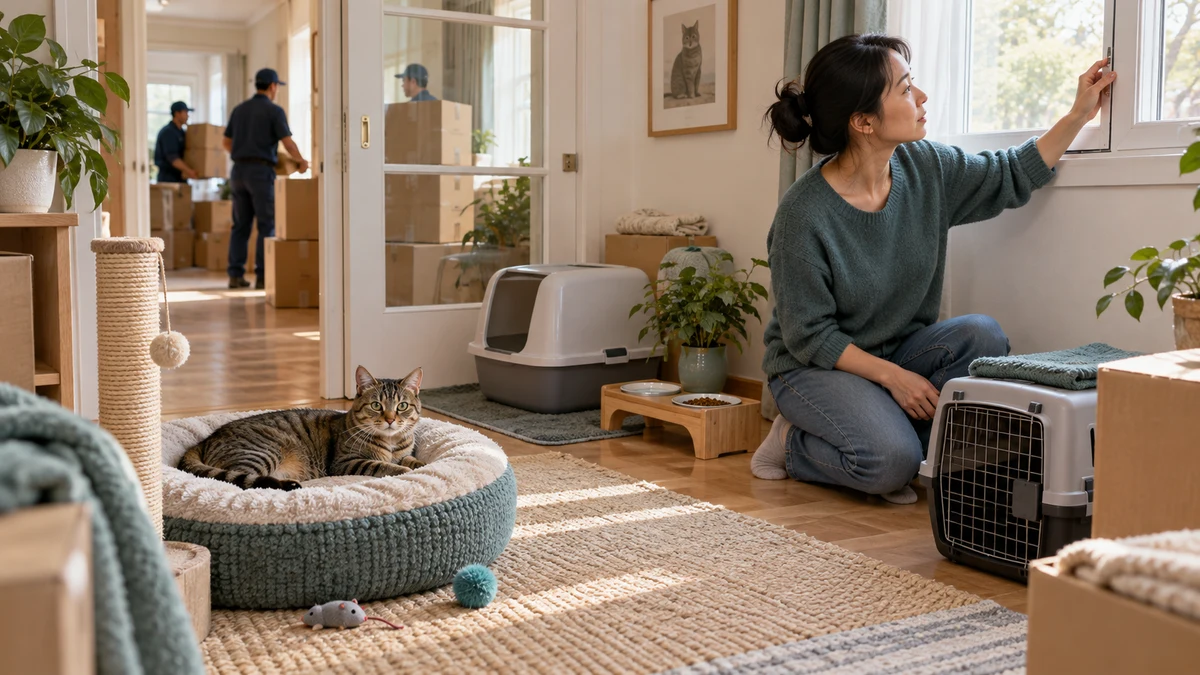 Brown tabby waits in a prepared moving-day safe room while the caregiver checks the closed window and movers remain beyond the room boundary