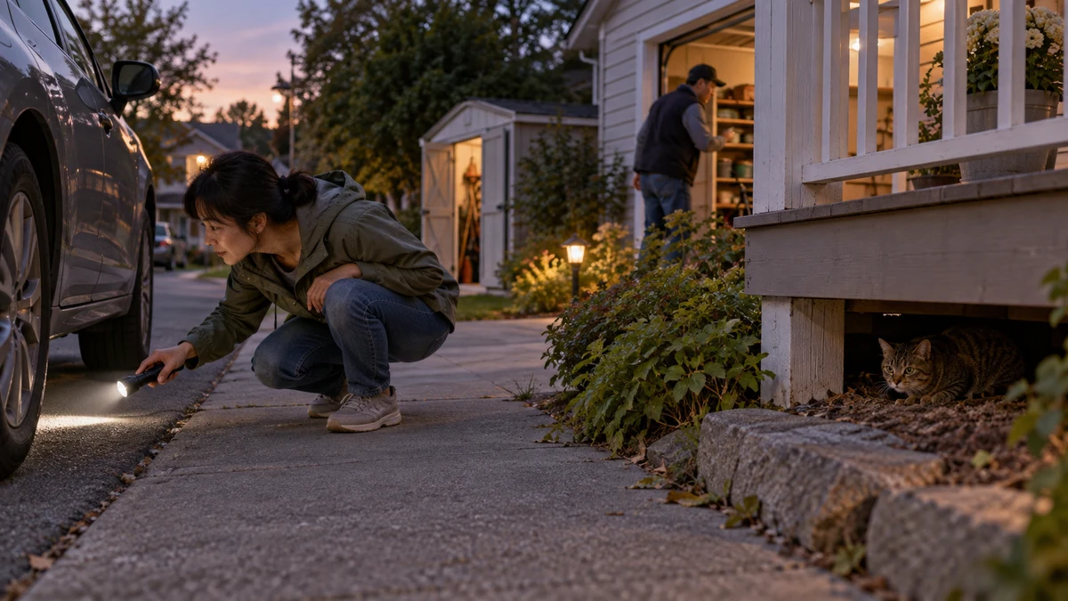Caregiver safely searches with a flashlight beside a stationary car while a neighbor checks a garage and the brown tabby hides beneath a nearby porch