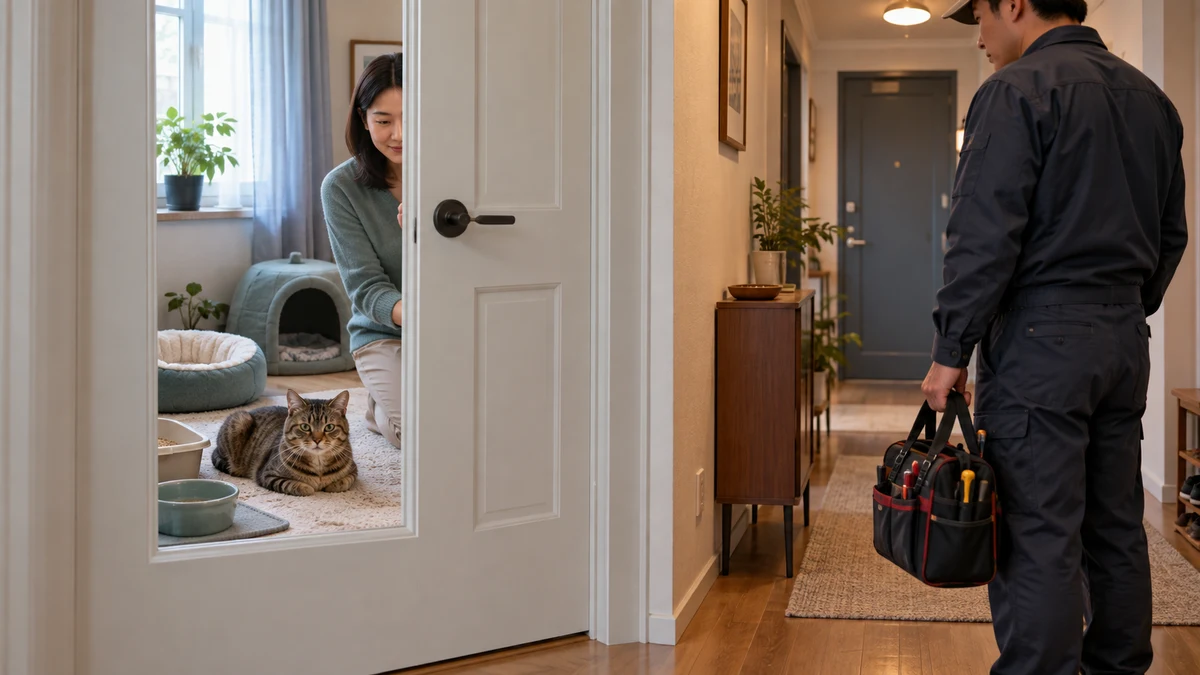 Brown tabby rests with essential resources in a closed safe room while a repair worker stays outside the boundary
