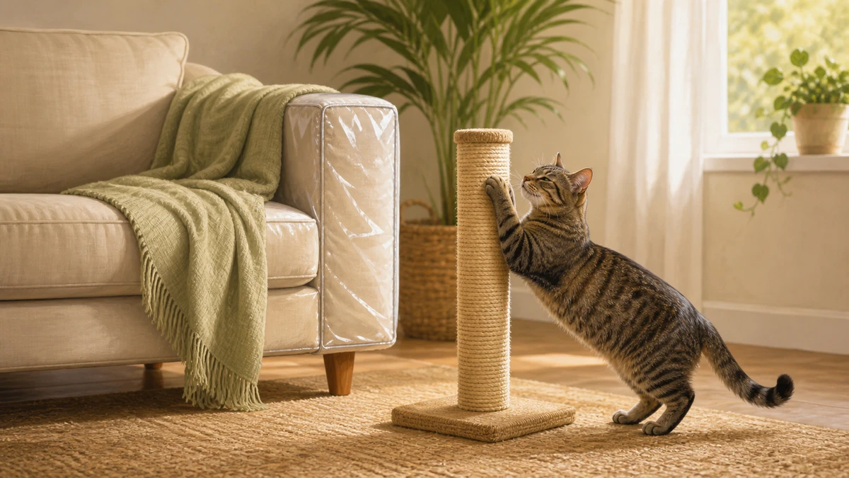 Tabby cat choosing a scratching post beside a sofa protected with a smooth cover and throw
