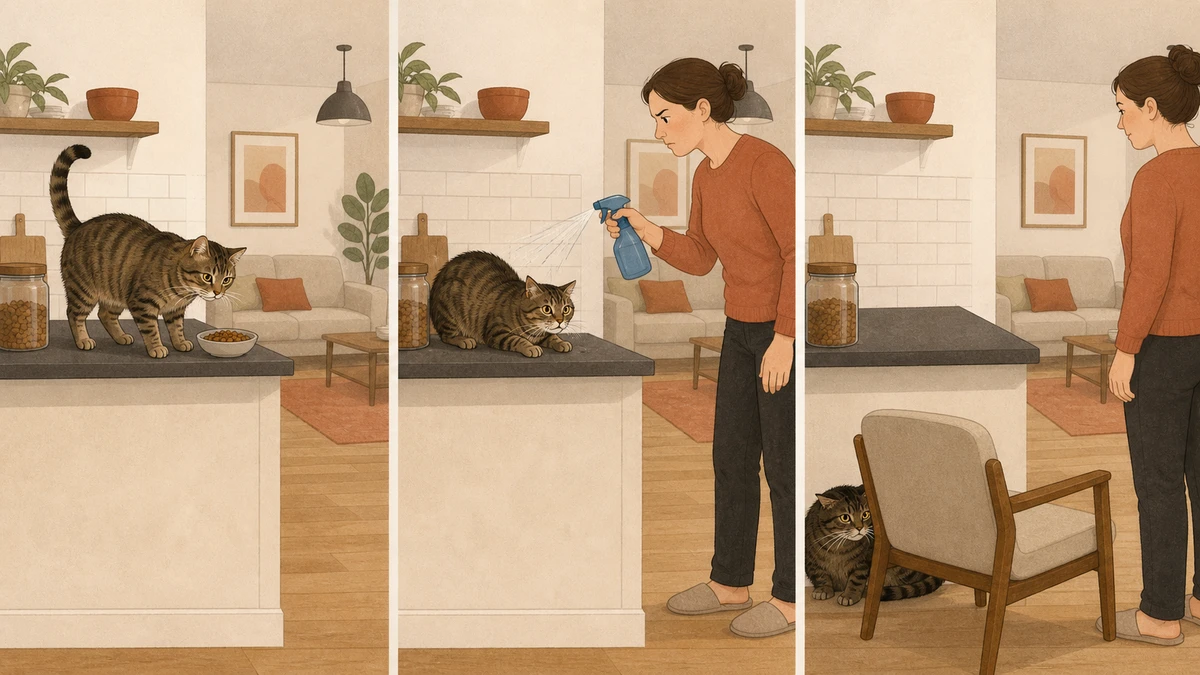 Three-panel illustration showing a cat on a counter, being sprayed, then hiding from the caregiver while the counter remains unchanged