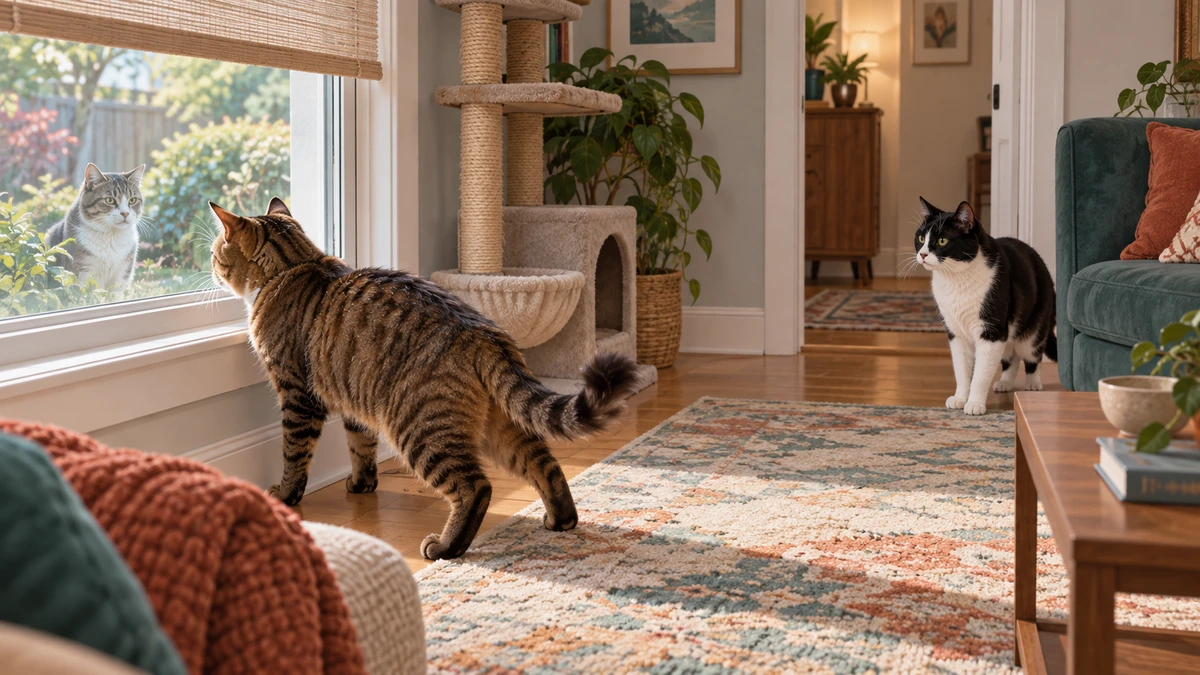 Brown tabby fixates on an outdoor cat through a closed window while a black-and-white housemate remains at a distance