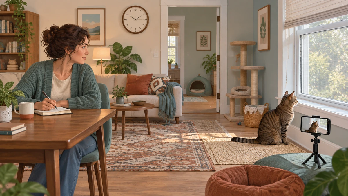Caregiver records a trigger timeline from across the room while a brown tabby observes a securely closed window