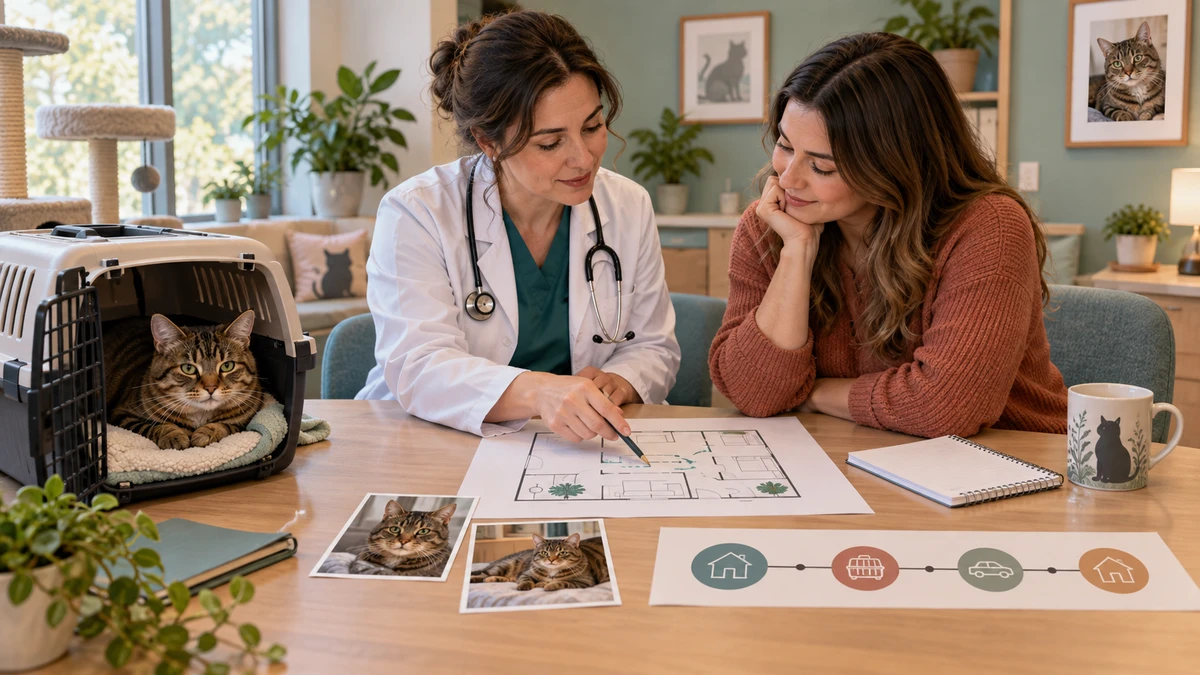 Veterinarian and caregiver review a home floor plan and trigger record while a brown tabby rests in an open carrier