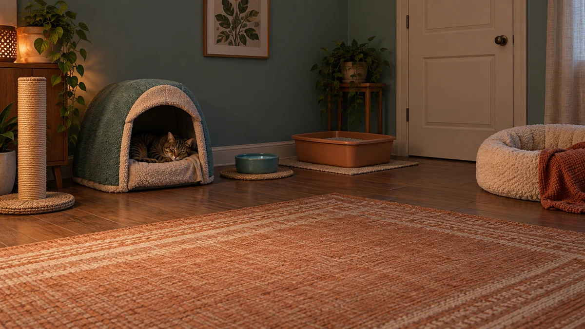 A single brown tabby rests inside a covered hide in a quiet room with water, litter, bedding, and a closed door