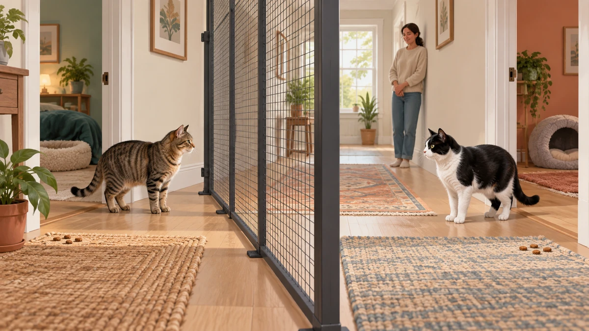 Brown tabby and black-and-white cat remain relaxed on opposite sides of a tall secure mesh barrier with separate retreat routes