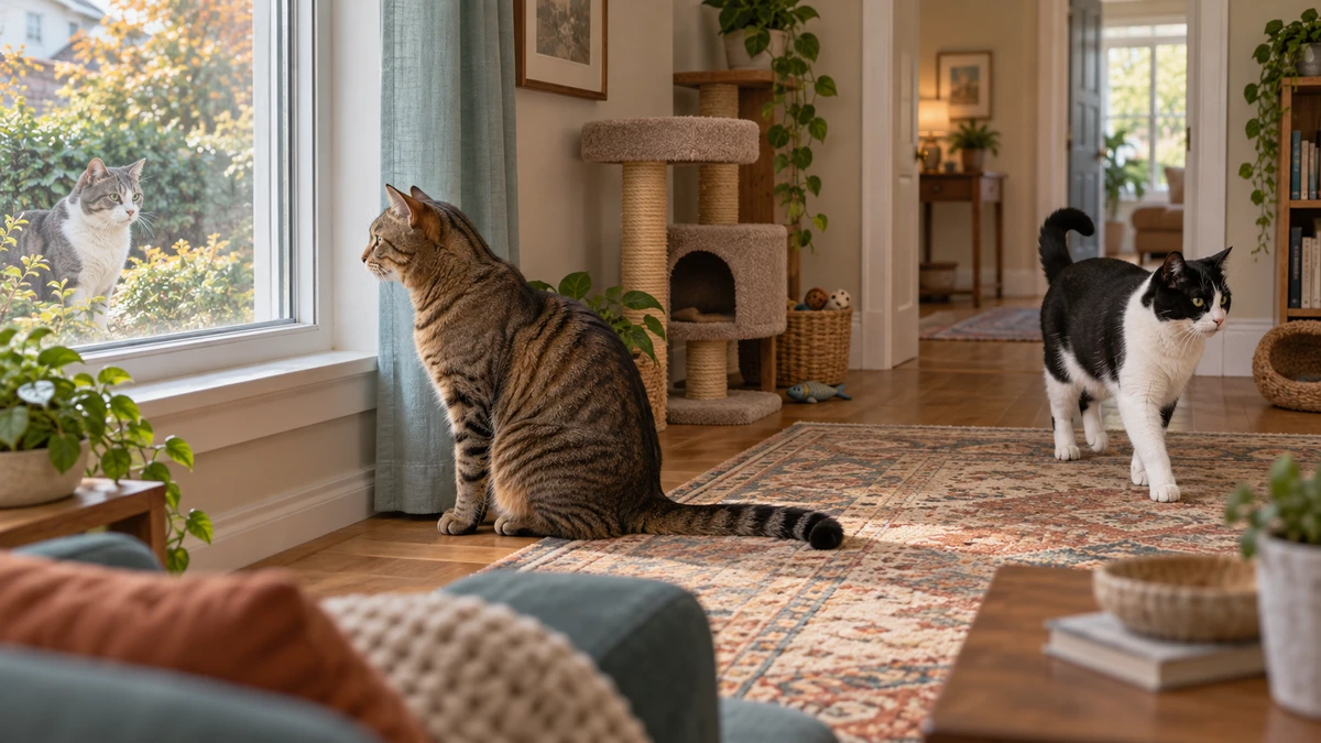 Brown tabby fixates on an outdoor cat through a closed window while a black-and-white housemate passes at a distance