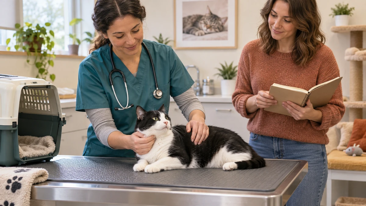 Veterinarian gently examines a relaxed black-and-white cat while a caregiver holds an observation notebook beside an open carrier