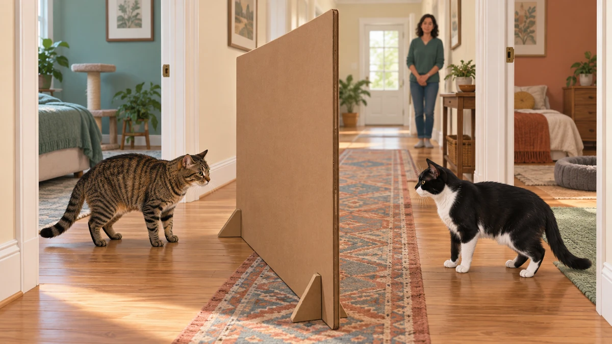A freestanding opaque panel blocks visual contact between two tense cats while a caregiver remains several steps away