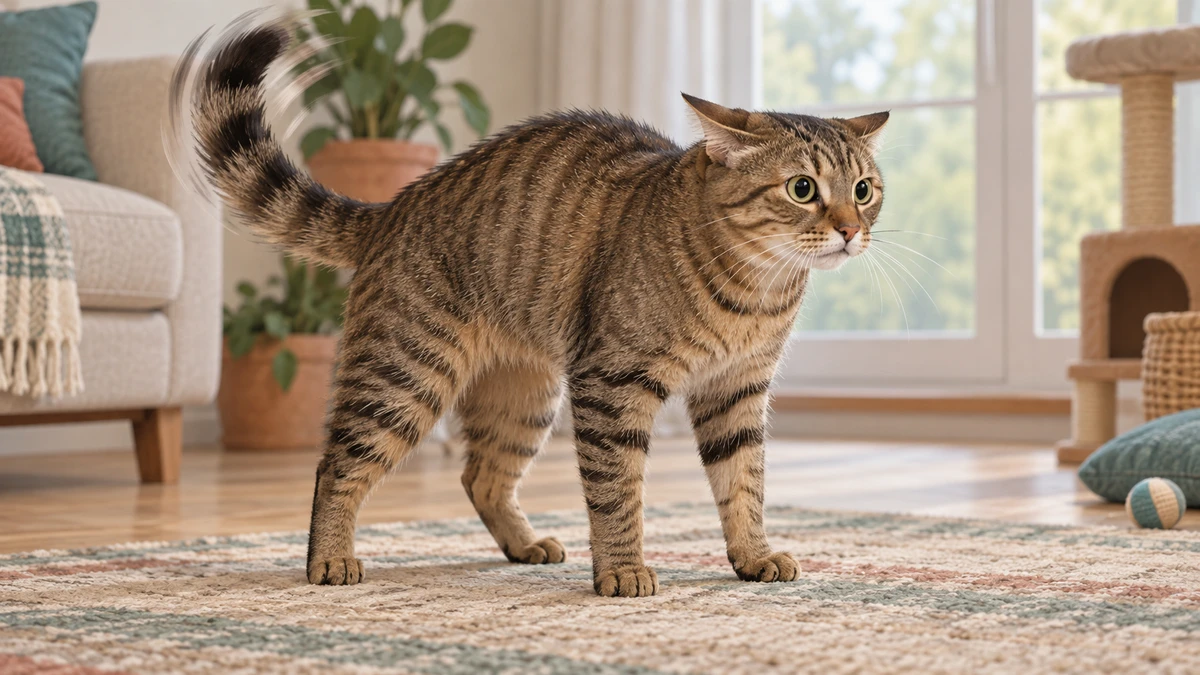 Brown tabby stands rigid with a fixed stare, ears turned back, wide pupils, and a forcefully moving tail