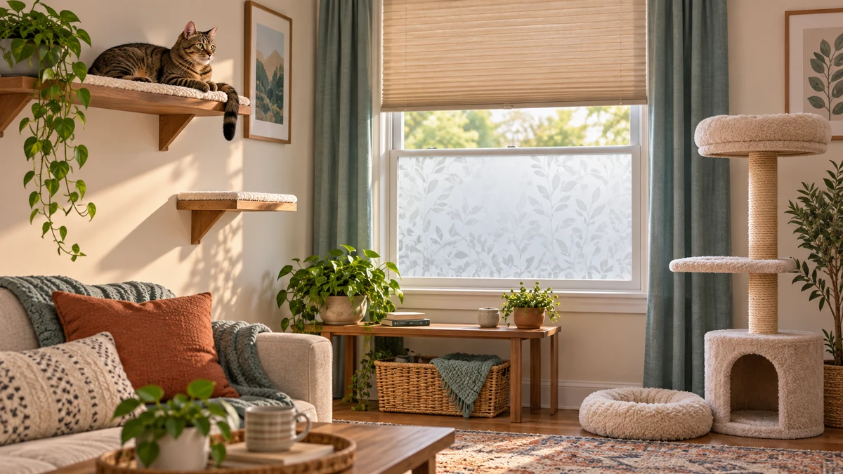 Brown tabby rests on an alternate high shelf beside a closed window with privacy film and a lowered blind
