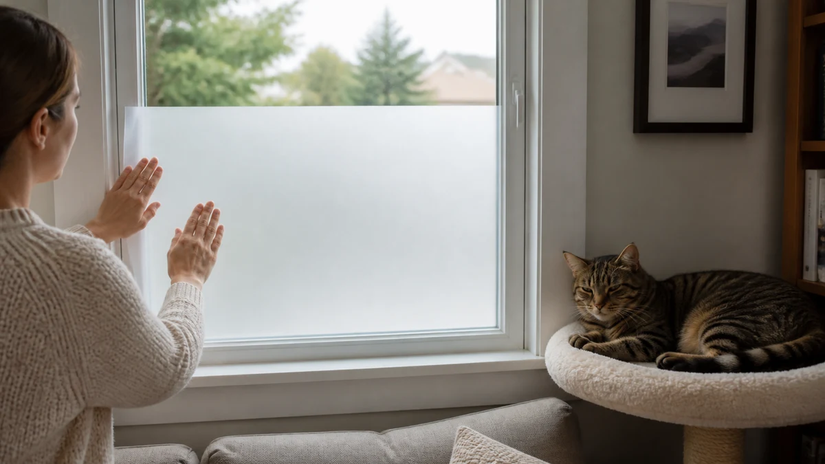 Relaxed tabby on a calm perch while removable frosted film covers the lower part of a closed window