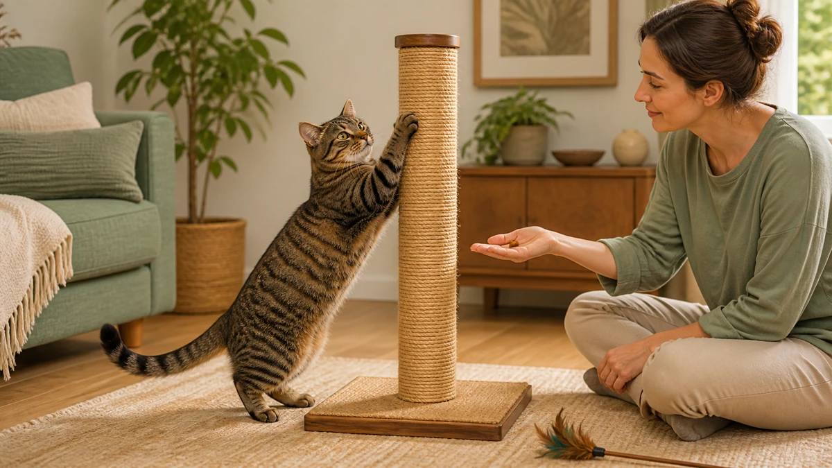 Caregiver calmly offering a small reward while a tabby cat scratches a sturdy post