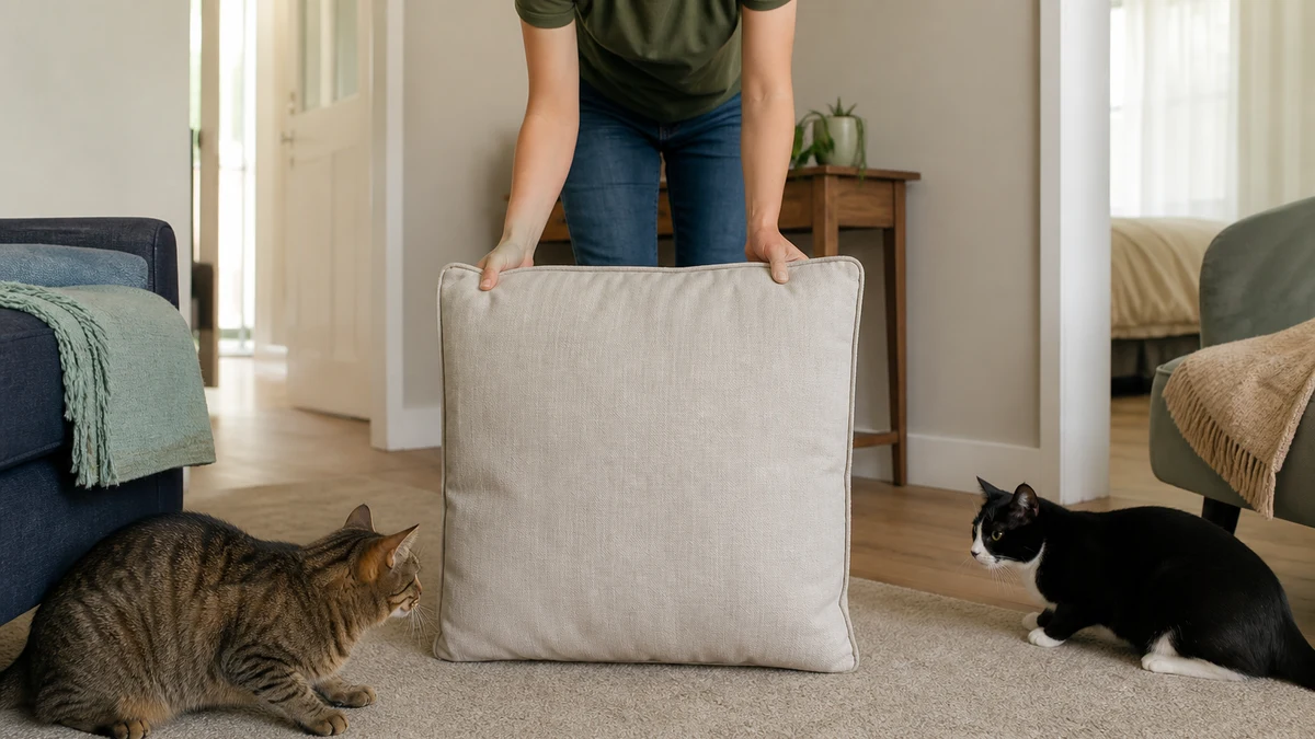 Caregiver safely placing a large cushion between two tense cats to block eye contact while leaving both retreat routes open