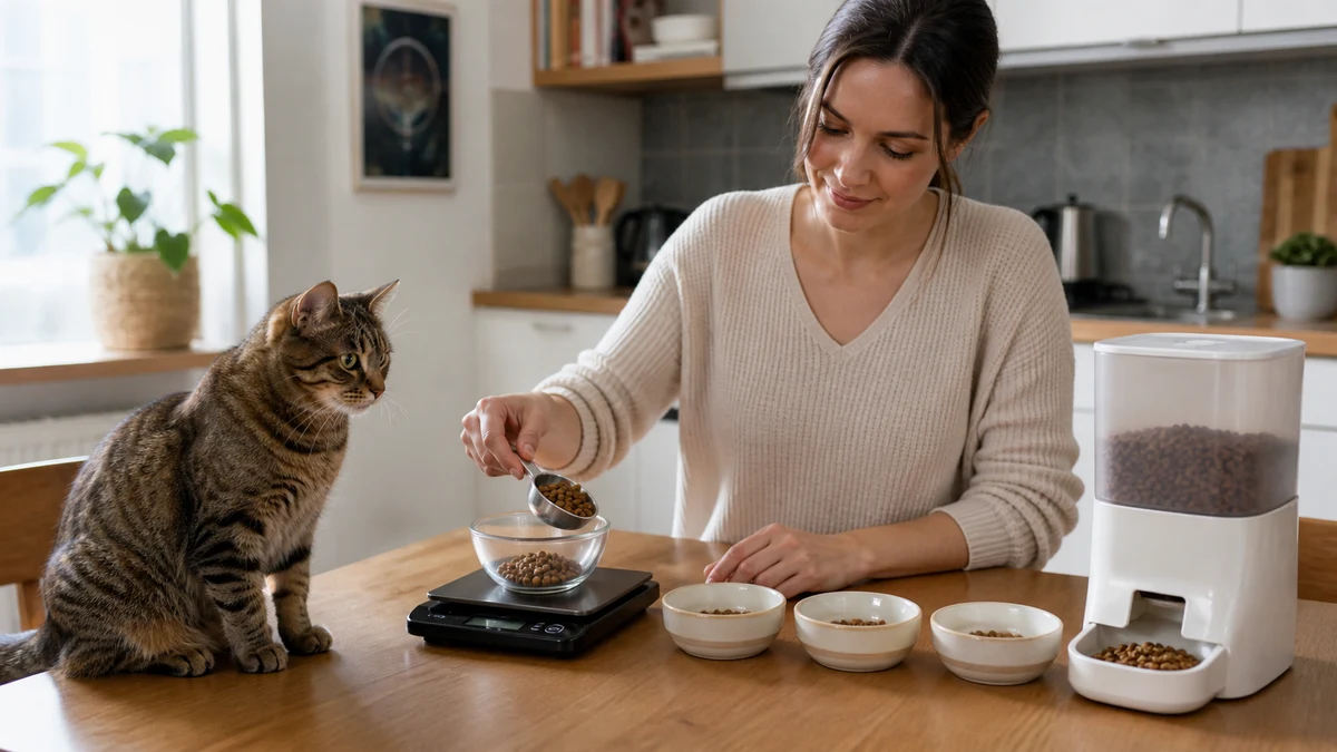 Caregiver weighing a full daily dry-food ration and dividing it among small bowls and an automatic feeder while a brown tabby watches