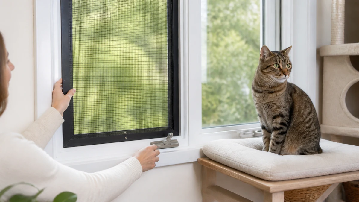 Caregiver checking a secure mesh screen and window latch beside a stable padded cat perch