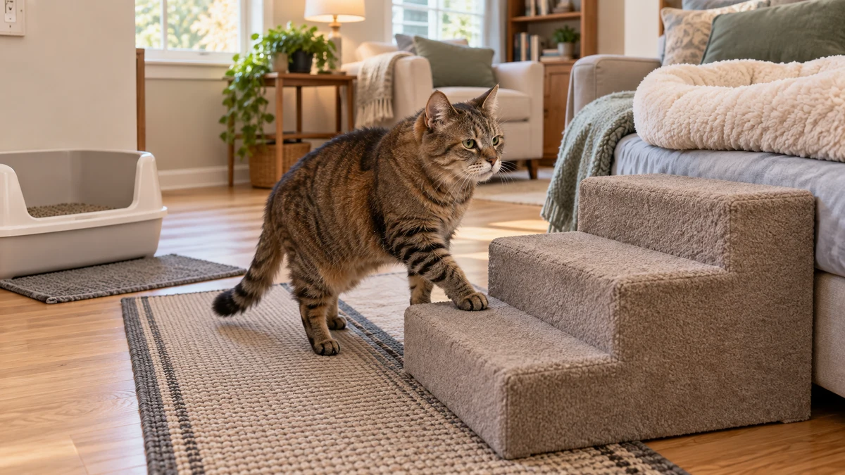 Senior brown tabby using broad stable pet steps beside a low-entry litter box and nonslip runner